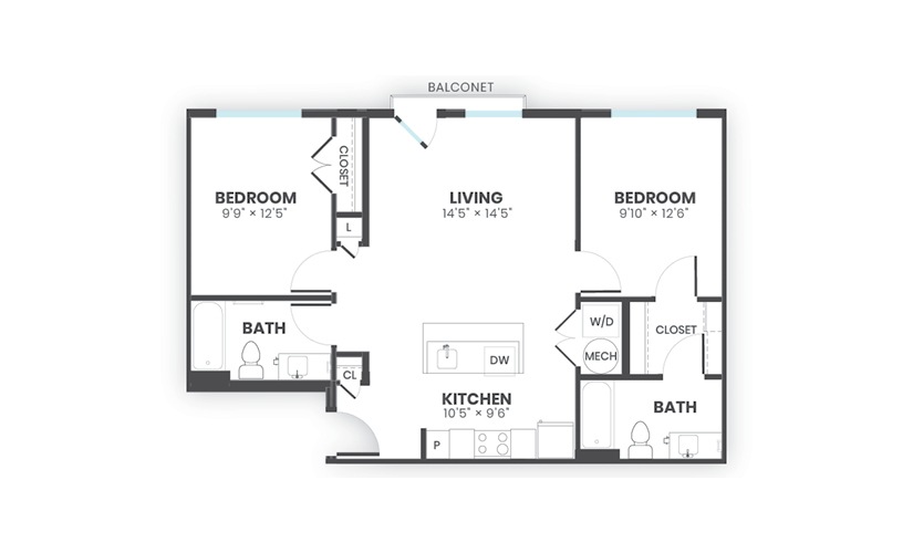 Ethos - 2 bedroom floorplan layout with 2 bathrooms and 894 square feet