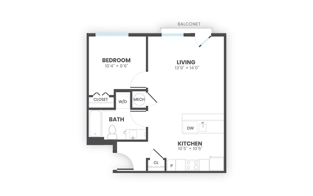 Harbor - 1 bedroom floorplan layout with 1 bath and 621 square feet.