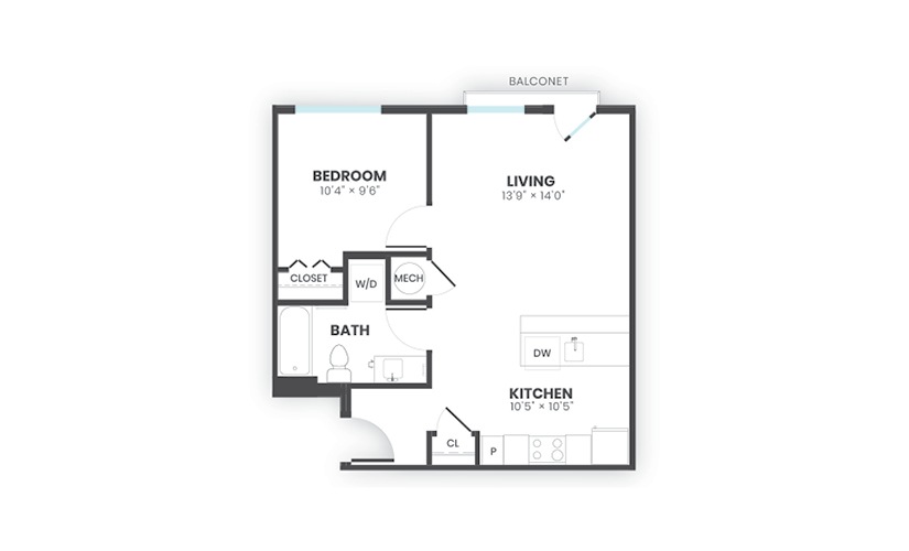 Harbor - 1 bedroom floorplan layout with 1 bathroom and 621 square feet