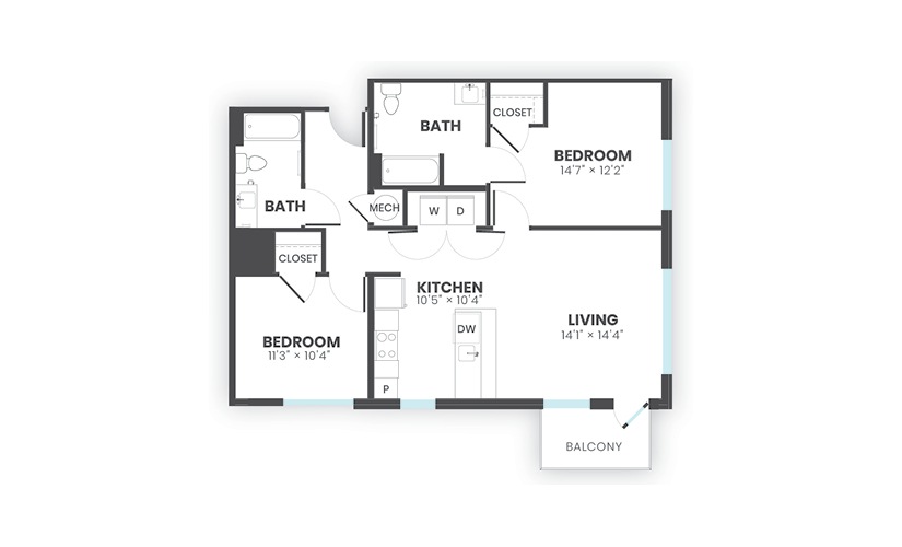 Helm - 2 bedroom floorplan layout with 2 bathrooms and 1015 square feet