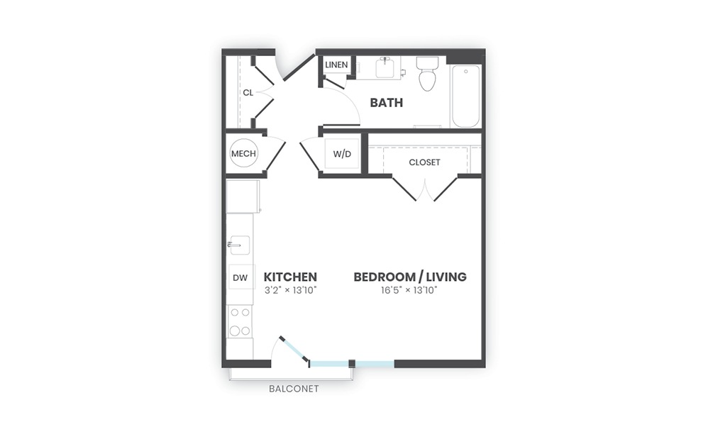 Locus - Studio floorplan layout with 1 bath and 500 square feet.