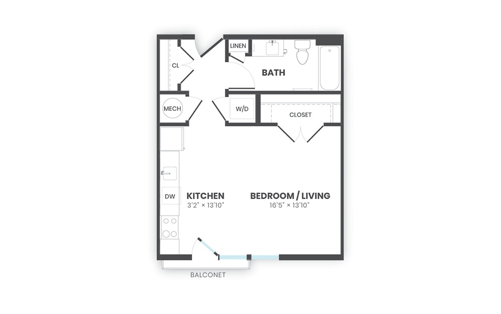 Locus - Studio floorplan layout with 1 bathroom and 500 square feet