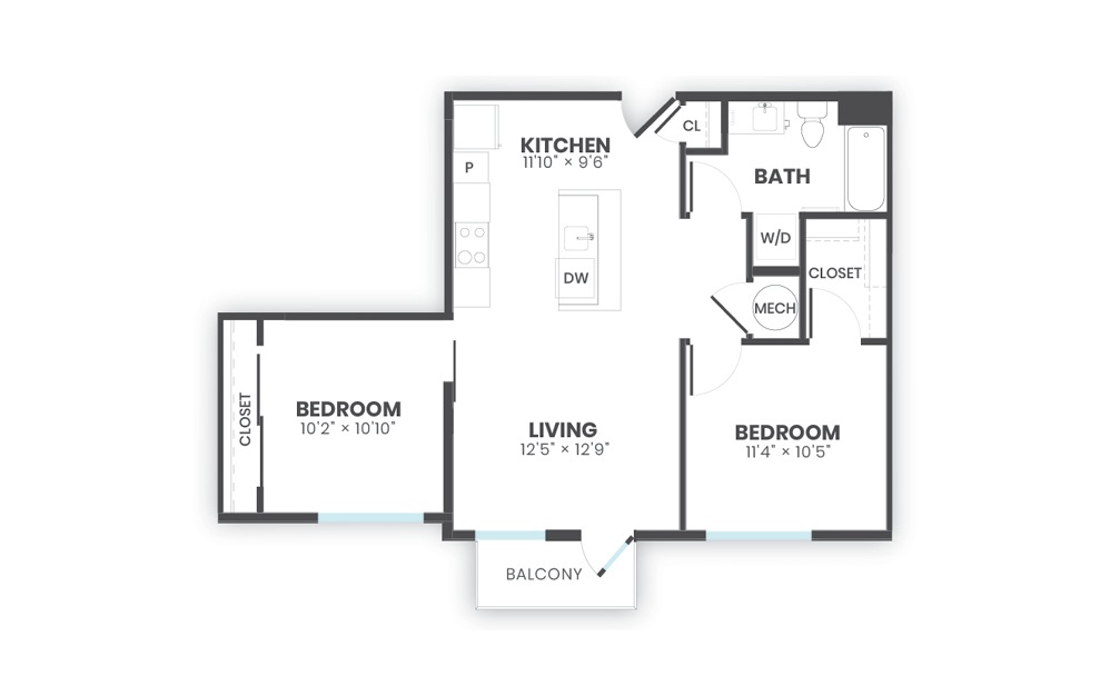 Pattern - 2 bedroom floorplan layout with 1 bathroom and 793 square feet