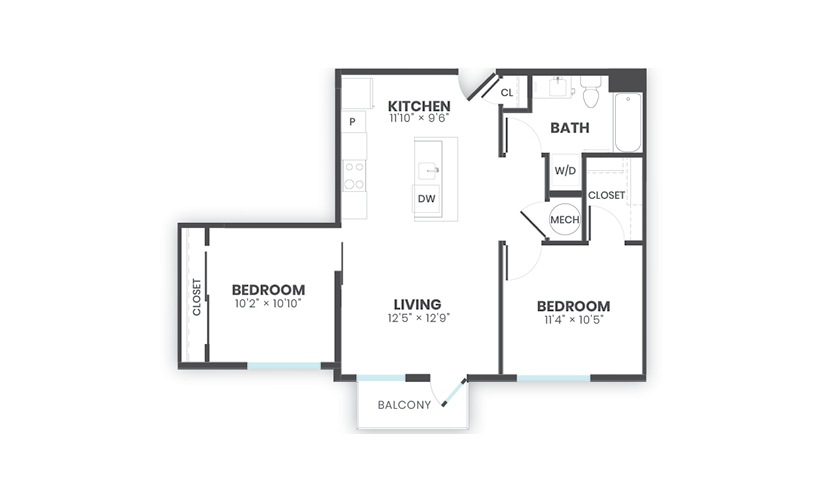 Pattern - 2 bedroom floorplan layout with 1 bathroom and 793 square feet