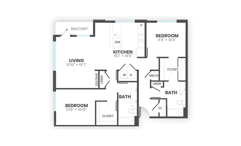 Pillar - 2 bedroom floorplan layout with 2 bathrooms and 1218 square feet