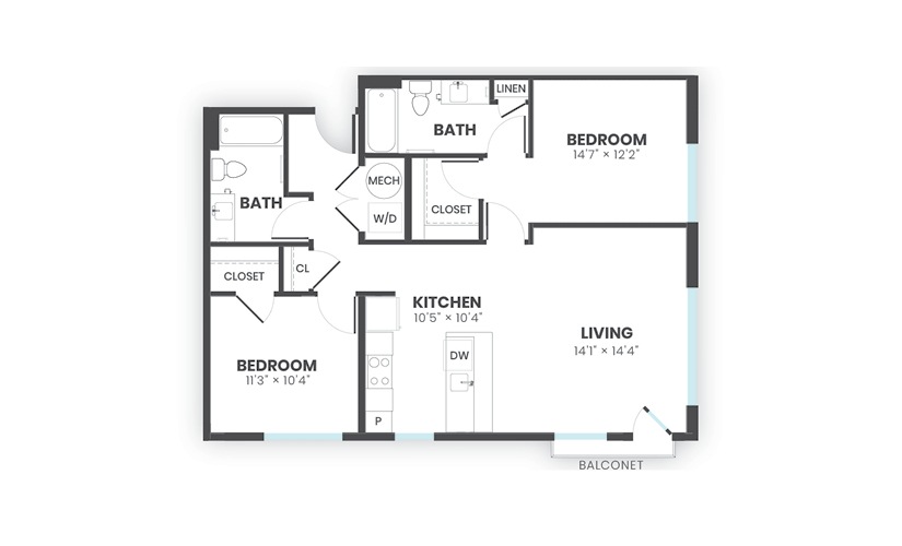 Root - 2 bedroom floorplan layout with 2 bathrooms and 1015 square feet