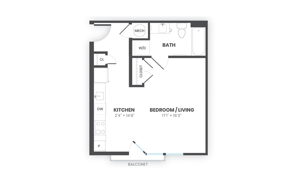 Station - Studio floorplan layout with 1 bath and 472 square feet.