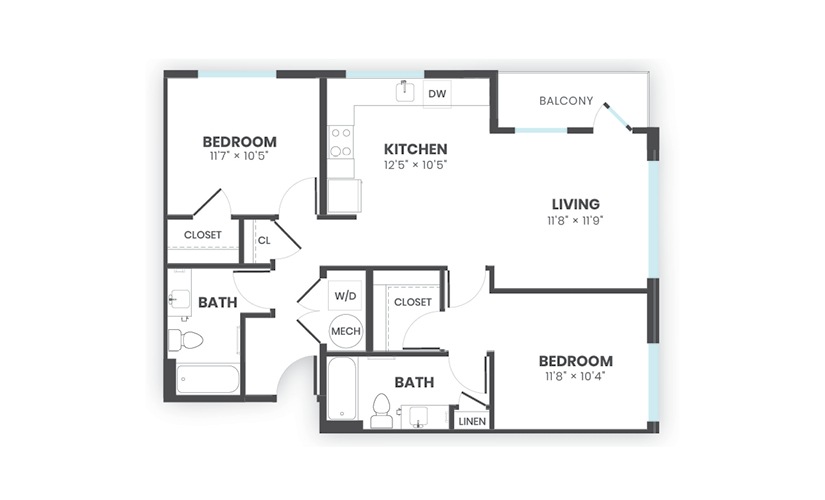 Stela - 2 bedroom floorplan layout with 2 bathrooms and 971 square feet
