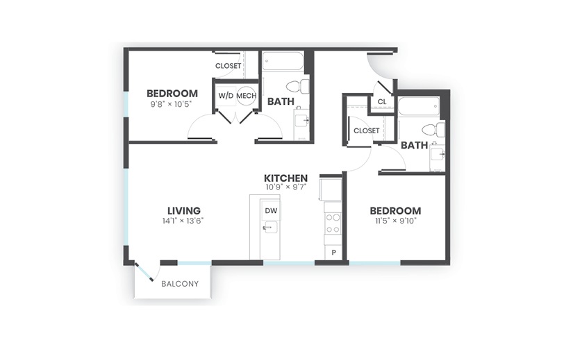Tribute - 2 bedroom floorplan layout with 2 bathrooms and 949 square feet